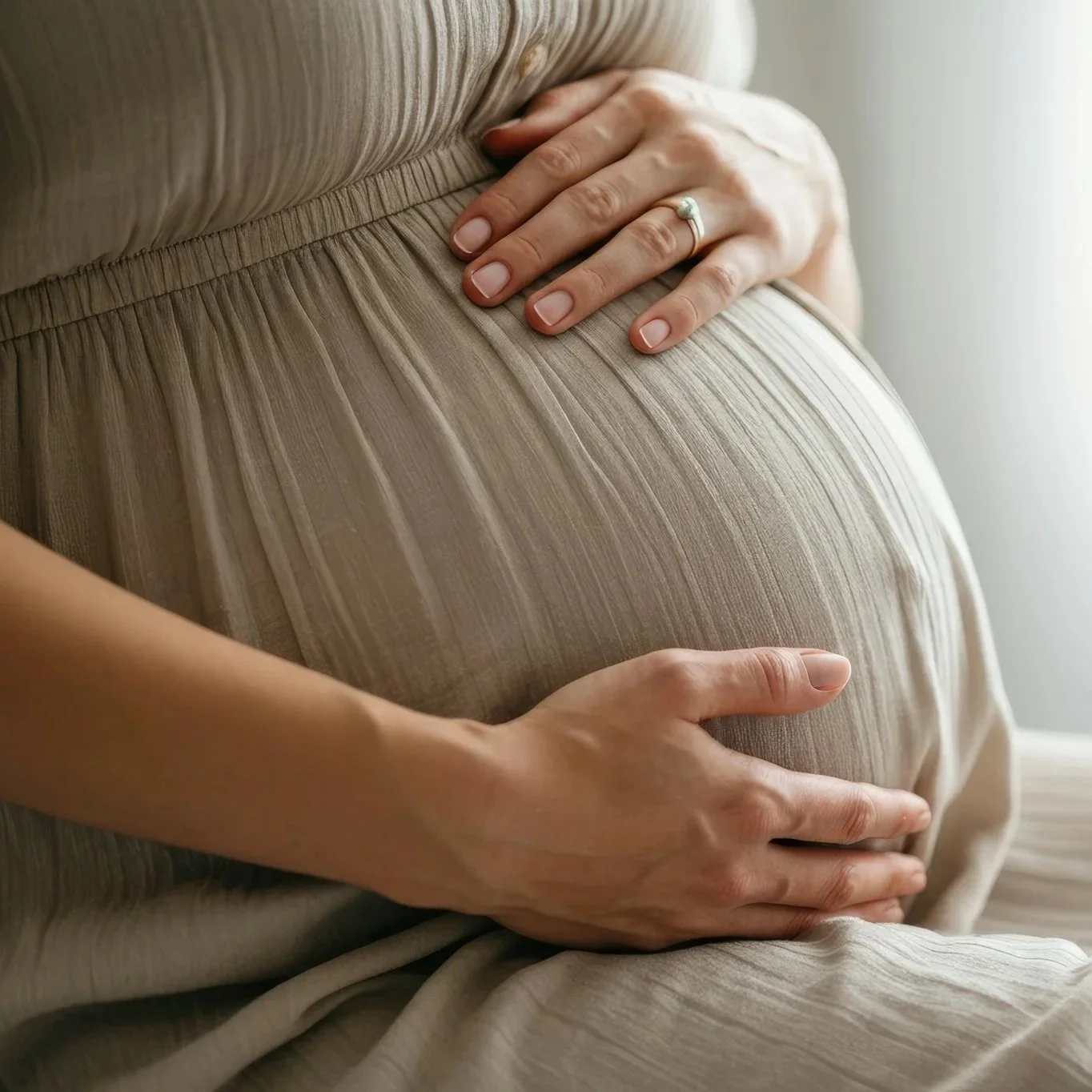 Close-up of a pregnant woman cradling her belly with both hands, wearing a beige pleated dress.