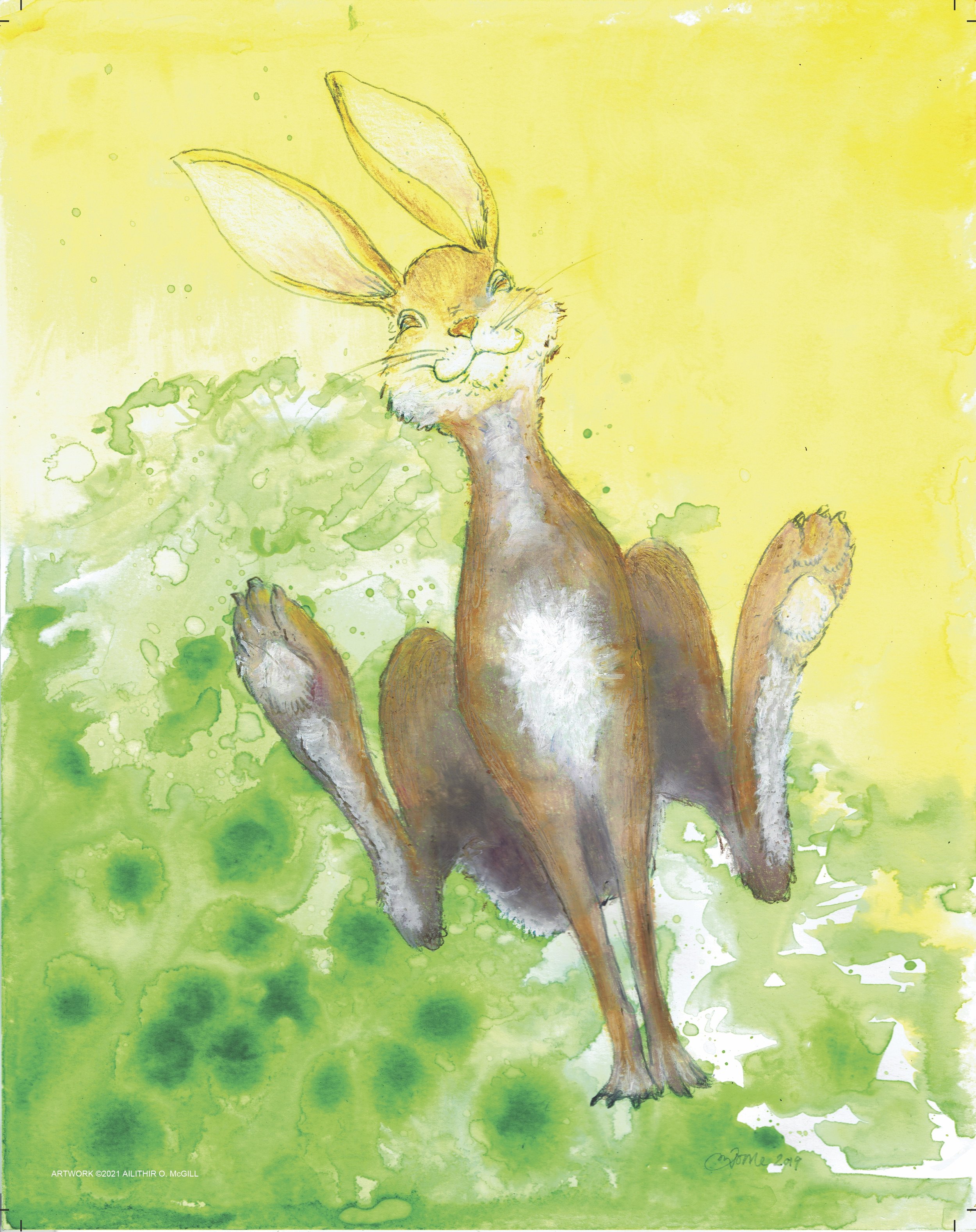 Watercolor painting of a whimsical rabbit with large ears, white fur on its chest and face, sitting on a background of green and yellow watercolor splashes.