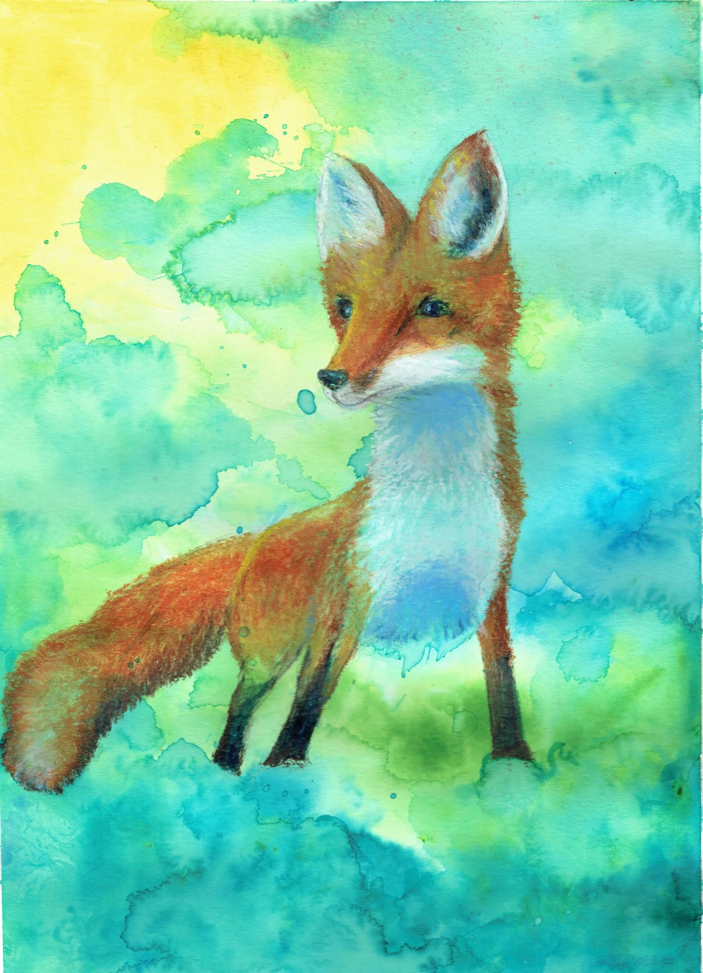 Watercolor painting of a fox standing outdoors with a background of green and yellow watercolor splashes.