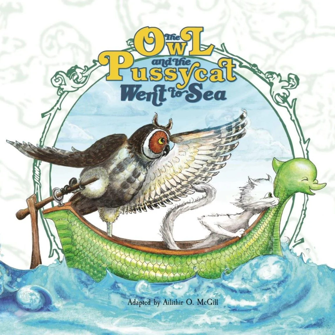 Children's book cover titled 'The Owl and the Pussycat Went to Sea' with an illustration of an owl, a cat, and a green fish-shaped boat sailing on blue water.