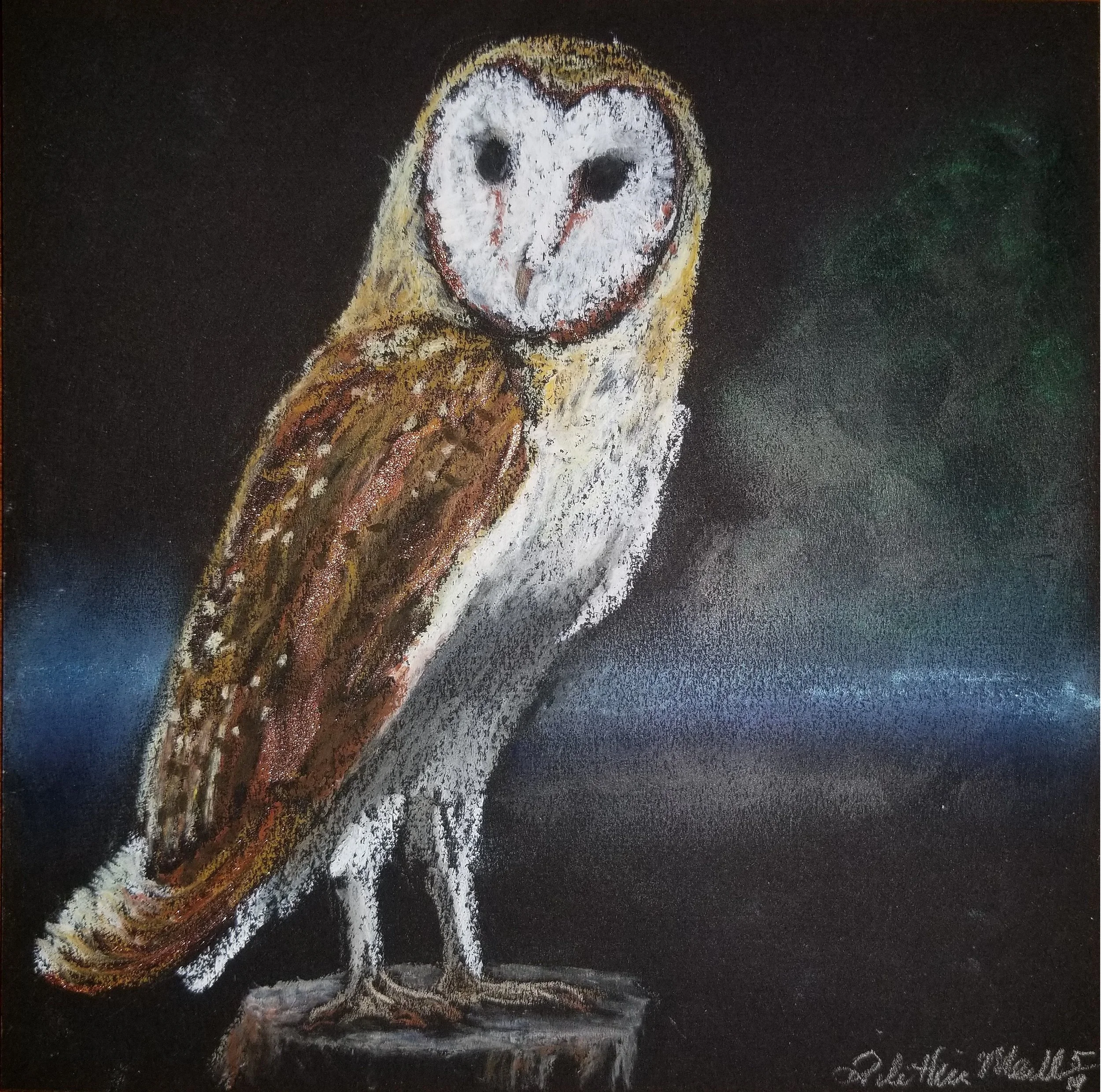 Painting of a barn owl with a white face, dark eyes, and brown and white feathers, perched on a tree stump against a dark background.