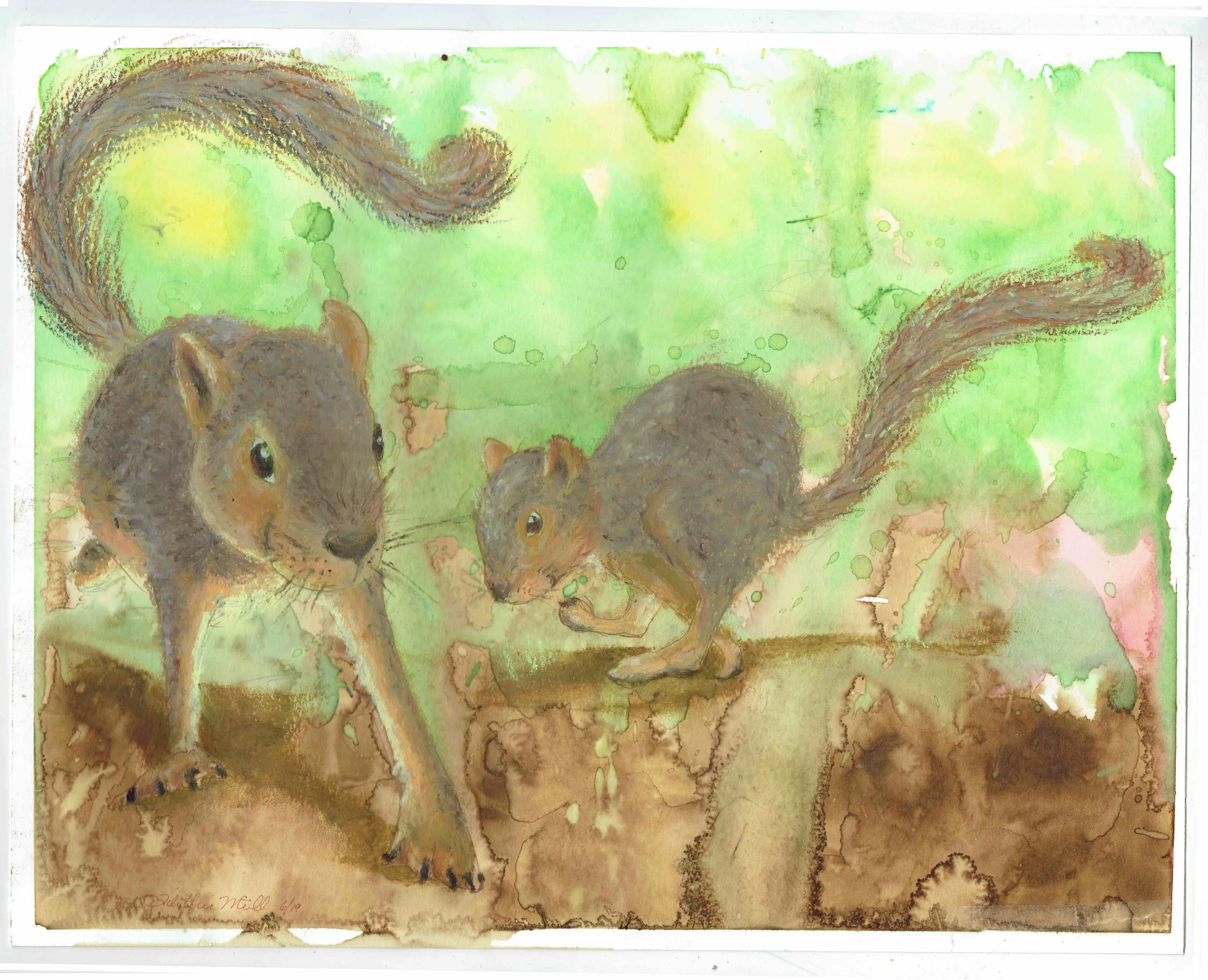 Watercolor painting of two squirrels on a tree branch, with a green background.