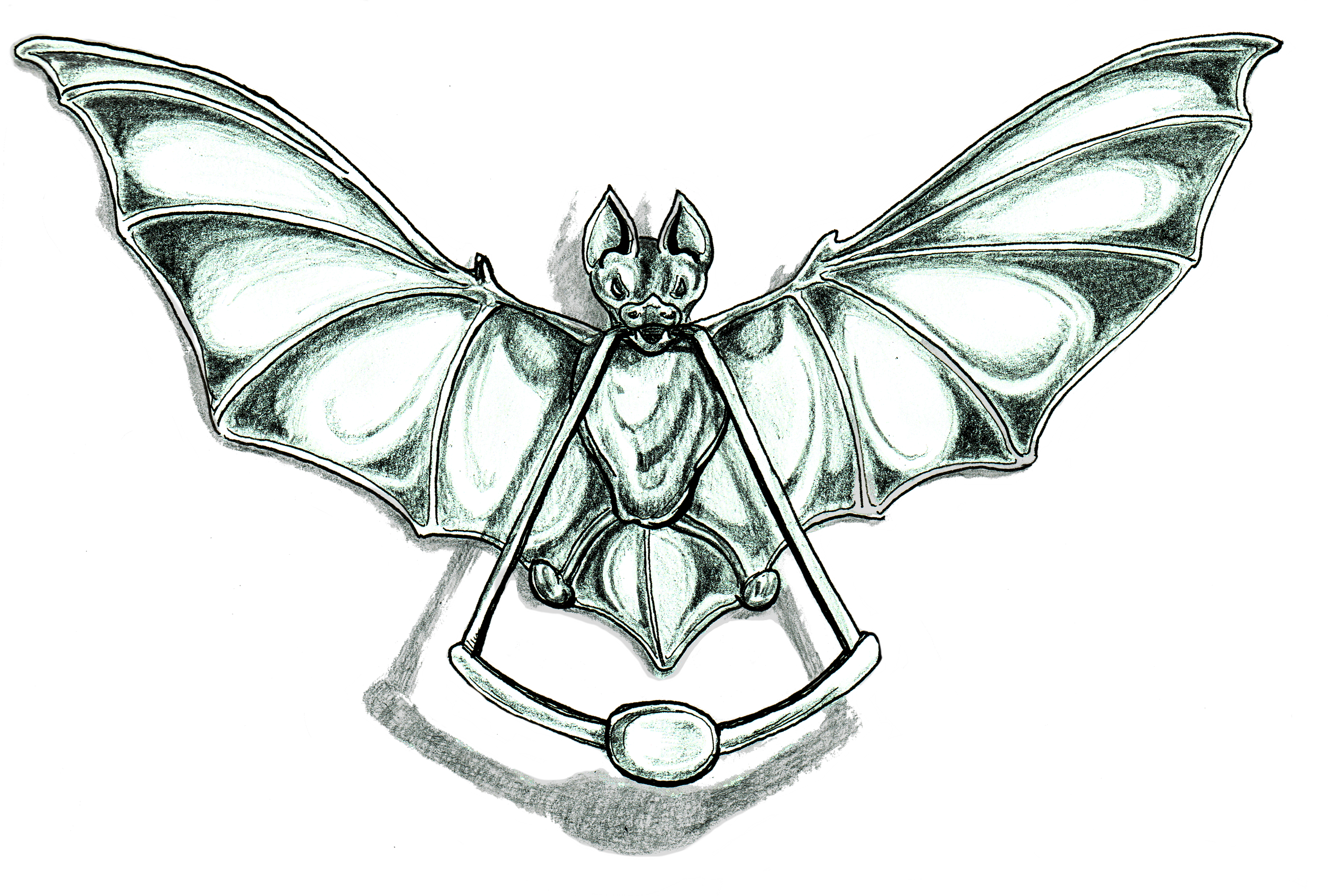 A black and white illustration of a bat door knocker with wings spread open drawn by Ailithir O. McGill.