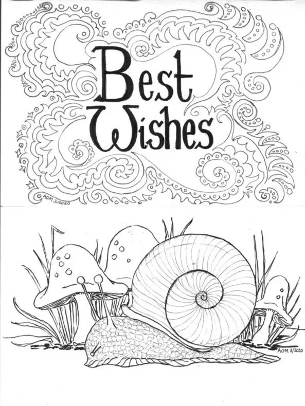 A coloring page featuring the words 'Best Wishes' in decorative handwriting at the top, surrounded by swirling patterns. Below, there are illustrations of a snail with a coiled shell and a textured body, and mushrooms with rounded caps and stems, set among grass.