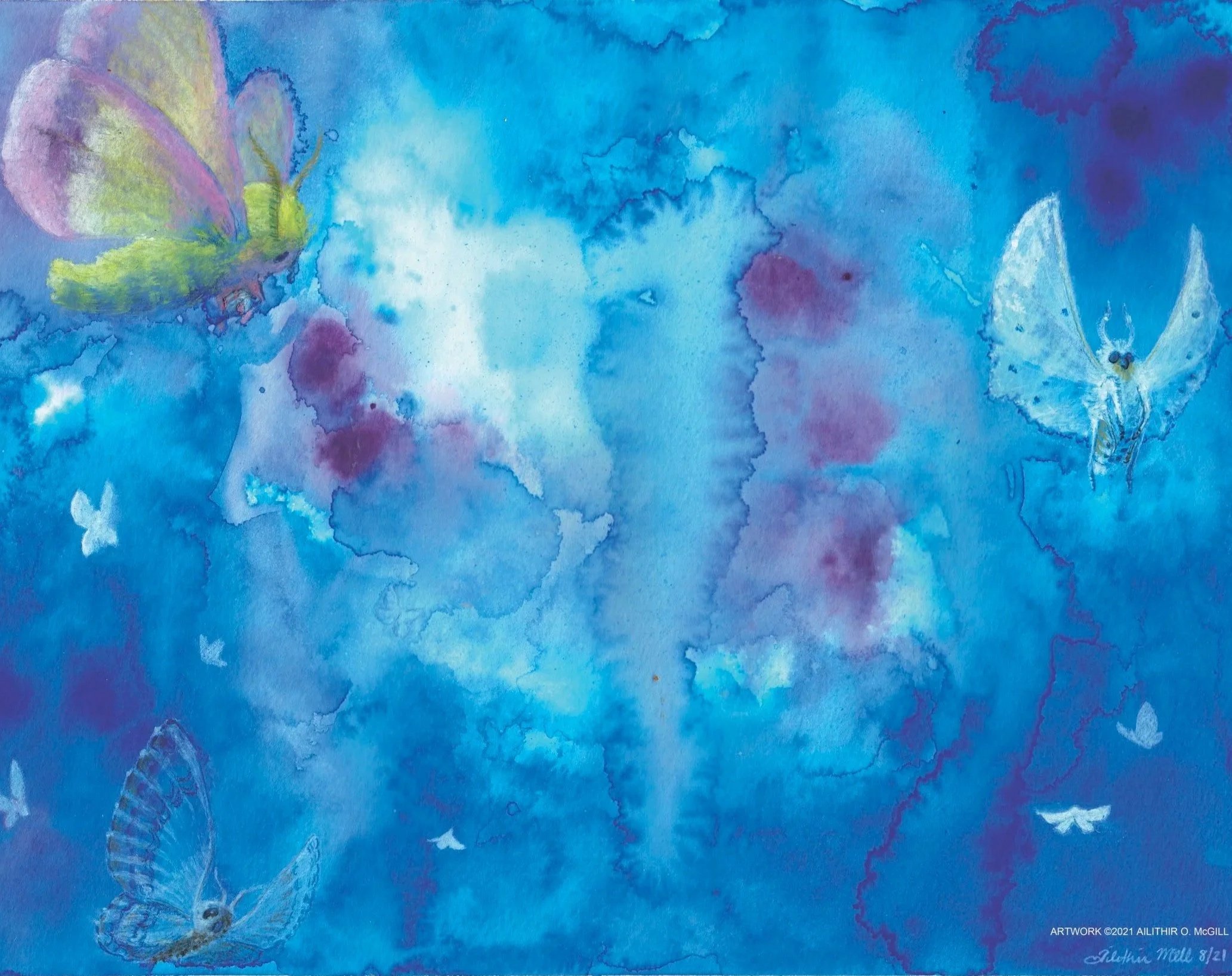 Watercolor painting of a blue background with four large butterflies with pastel colors and smaller butterflies surrounding them.