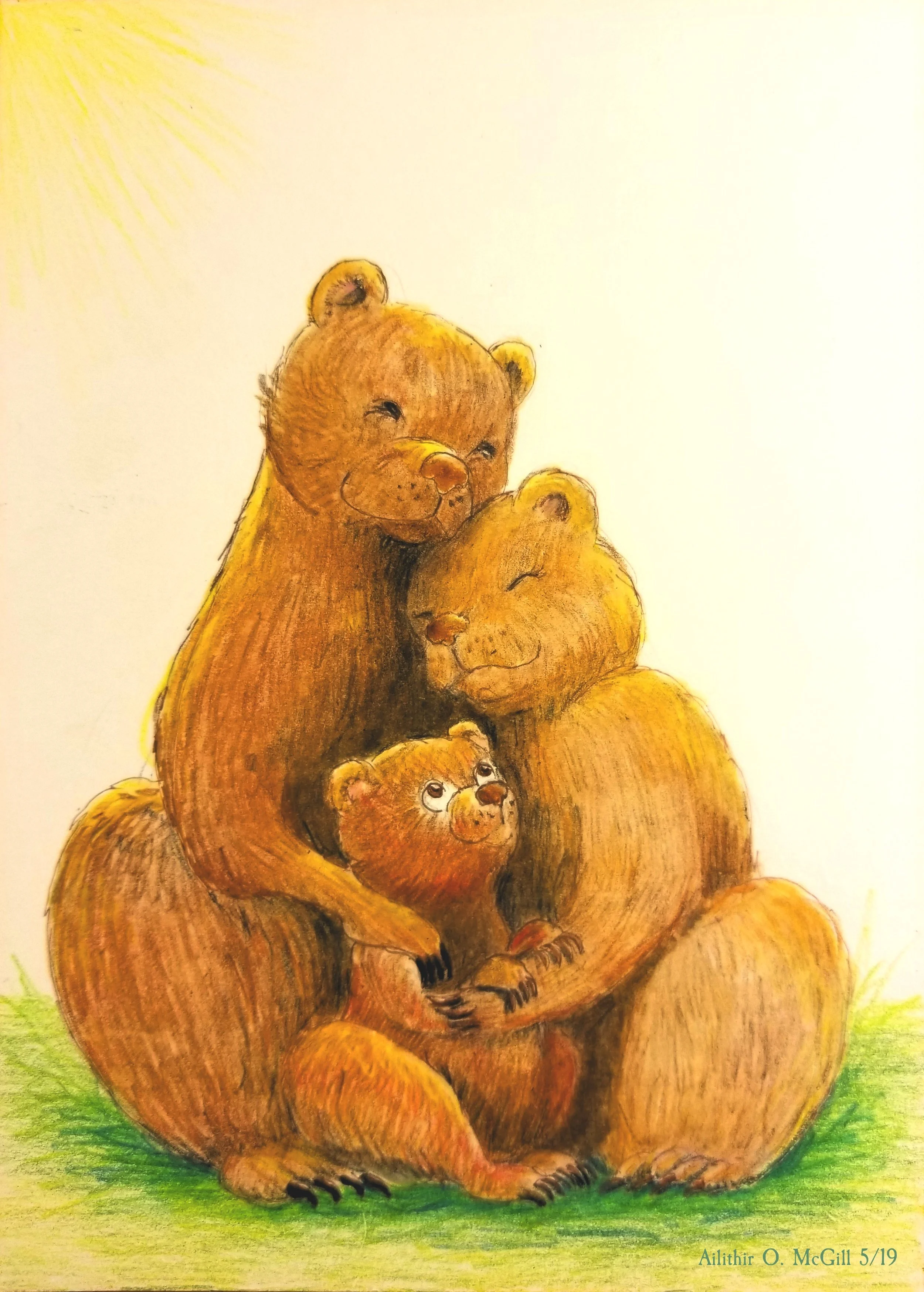 Drawing of a family of three bears sitting together on green grass with a yellow sun shining down on them.