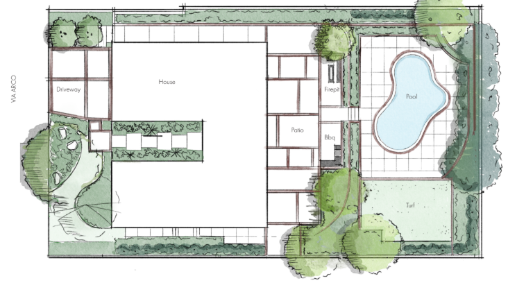 A landscape layout plan of a backyard featuring a house in the center, with a driveway on the left leading to the house. The backyard includes a pool on the right, a patio with a firepit and BBQ area adjacent to the pool, a grassy turf area in front of the pool, and various trees and shrubs surrounding the space.