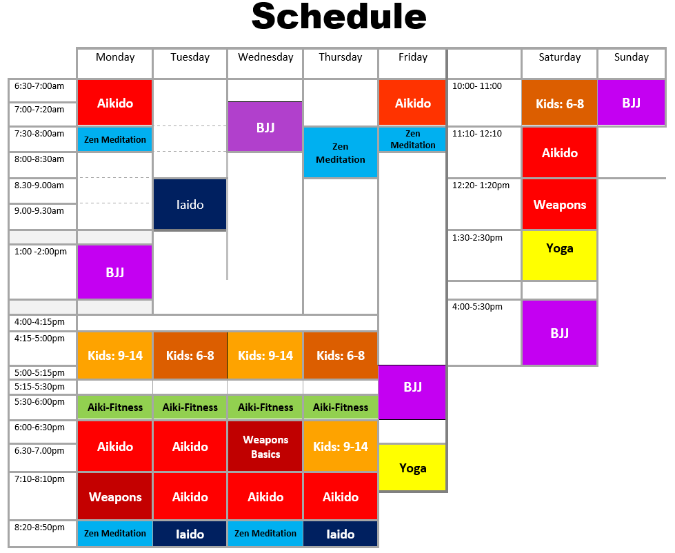 A weekly gym class schedule with time slots for various activities such as Aikido, Zen Meditation, BJJ, Iaido, Kids classes, Weapons, Yoga, and Fitness, organized by days of the week from Monday to Sunday.