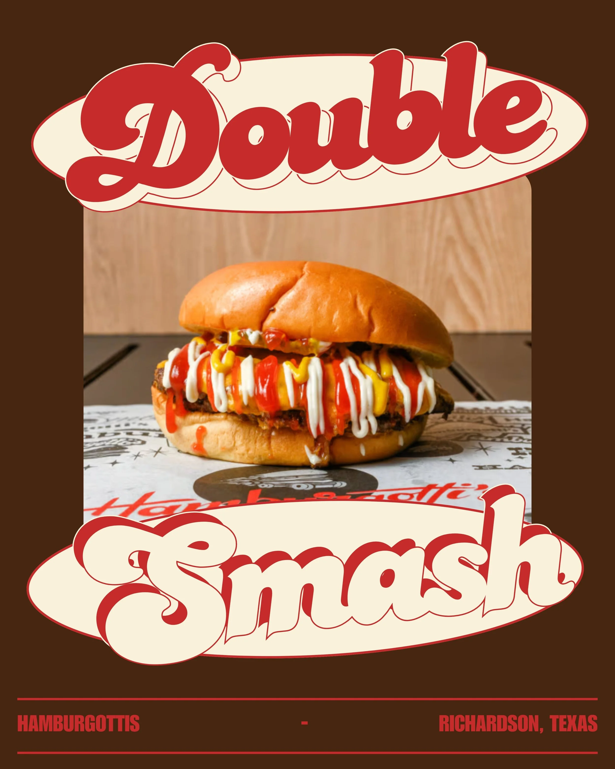 A burger with ketchup, mustard, mayonnaise, and a beef patty in a bun.