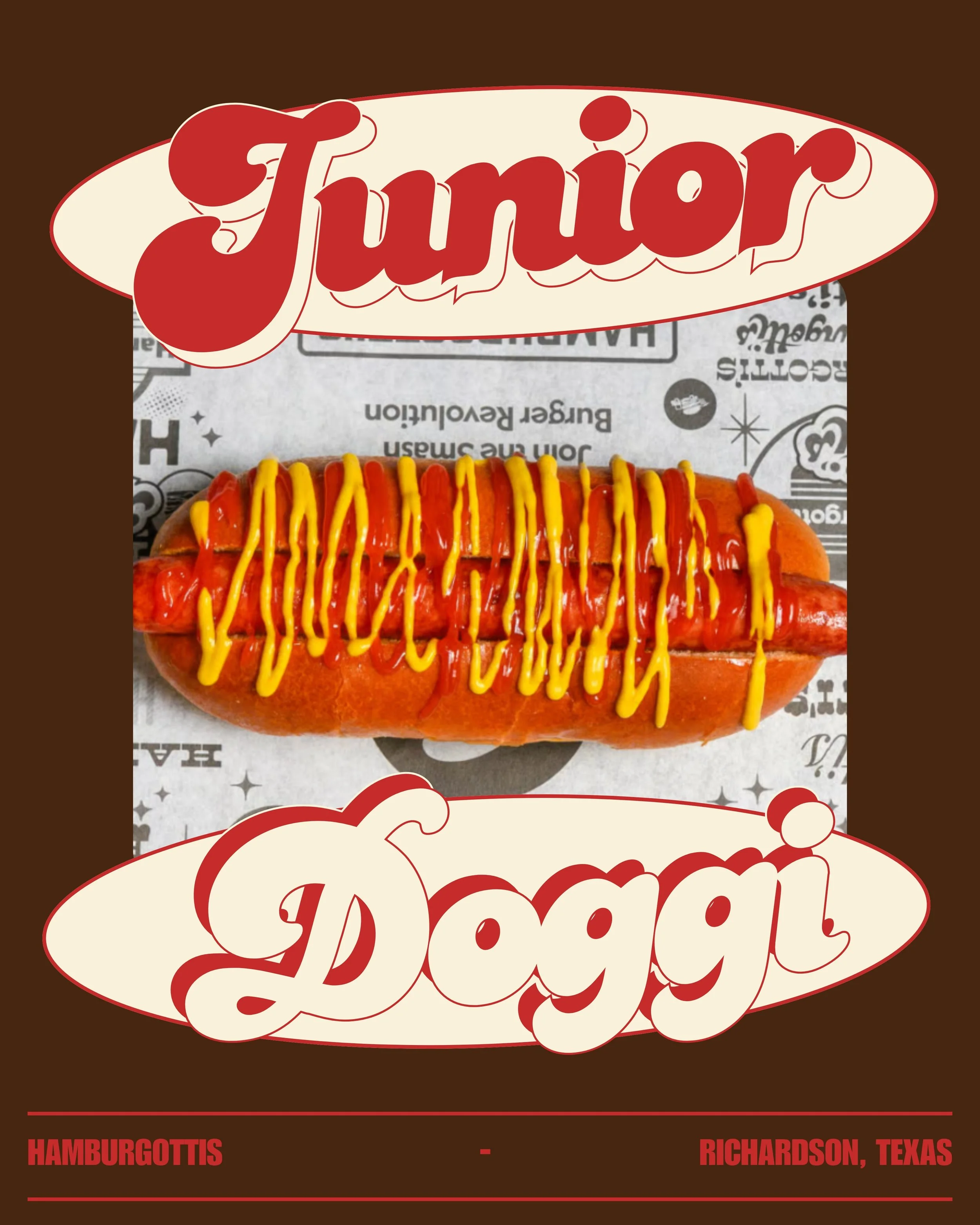 Hot dog topped with ketchup and mustard, served in a bun on a paper tray.