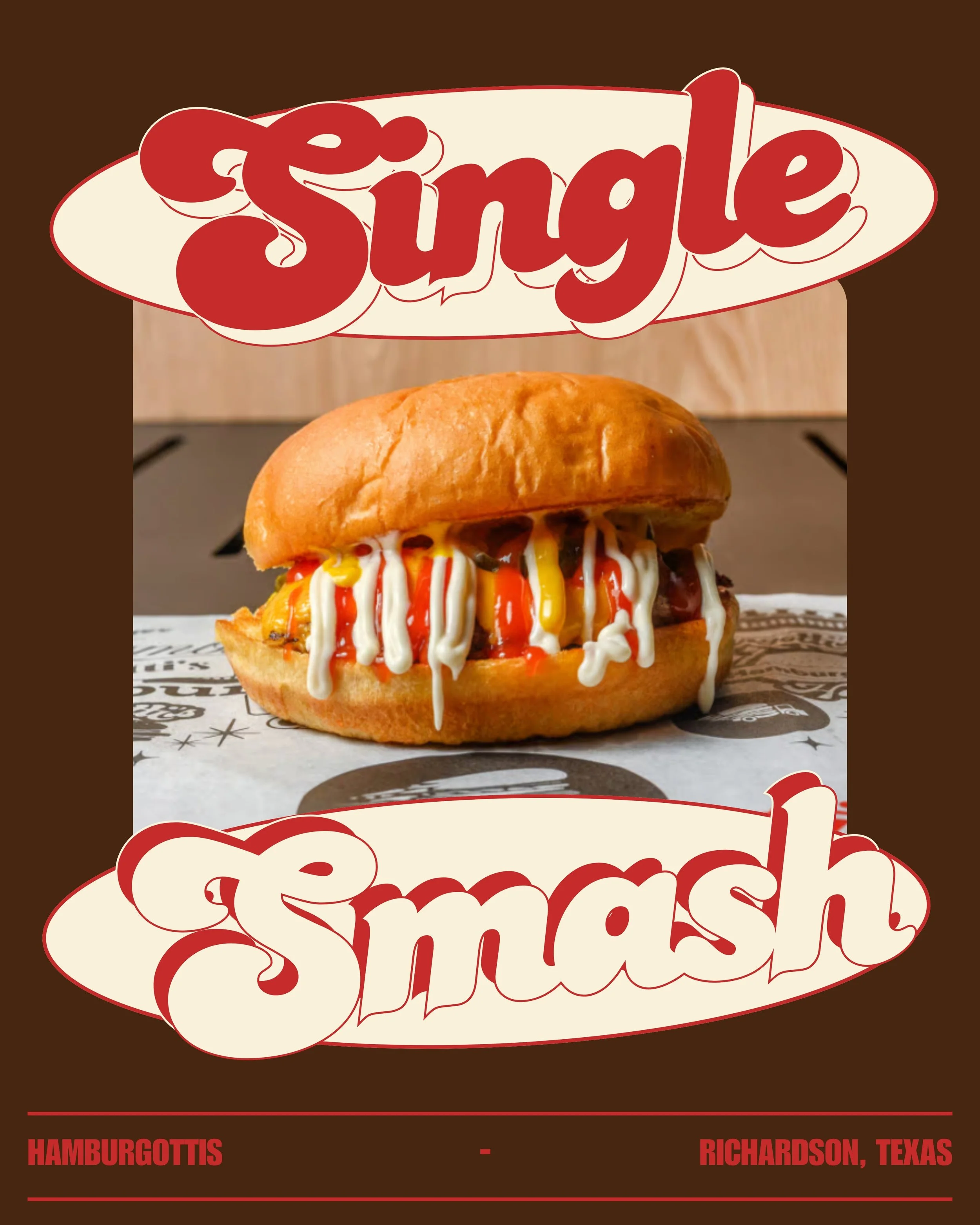 A hot dog with ketchup, mustard, and mayonnaise in a bun on a paper wrap.