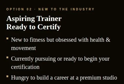 Text-based graphic promoting aspirational training for fitness certification, highlighting passion for health, readiness, career building, and premium studio.