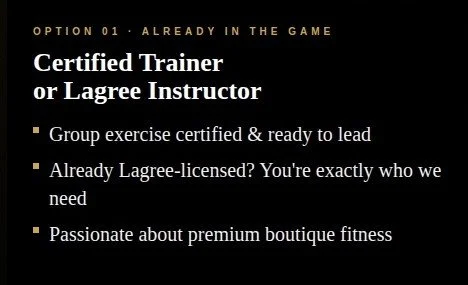 Screen presenting options for certified trainers or Lagree instructors, highlighting group exercise readiness, licensing, and boutique fitness passion.