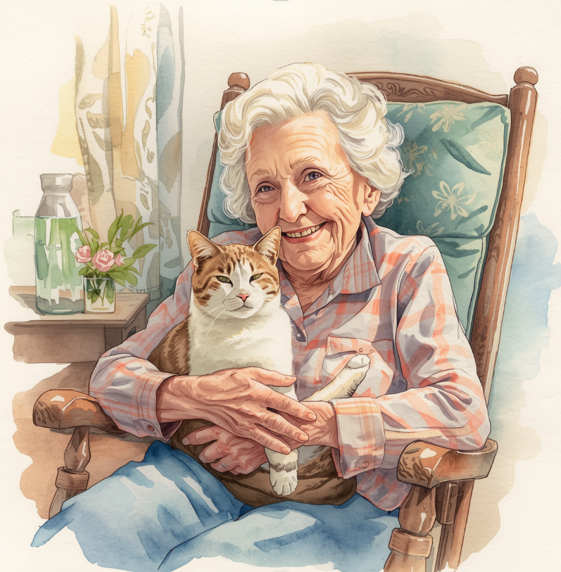 An elderly woman sitting in a rocking chair holding a cat, smiling at the camera. There is a small table with flowers and a water pitcher in the background.