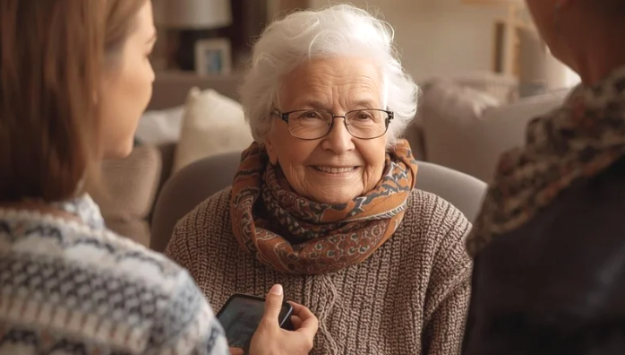 Smiling elderly woman with gray hair and glasses, sitting on a couch, talking with two other women in a cozy living room.