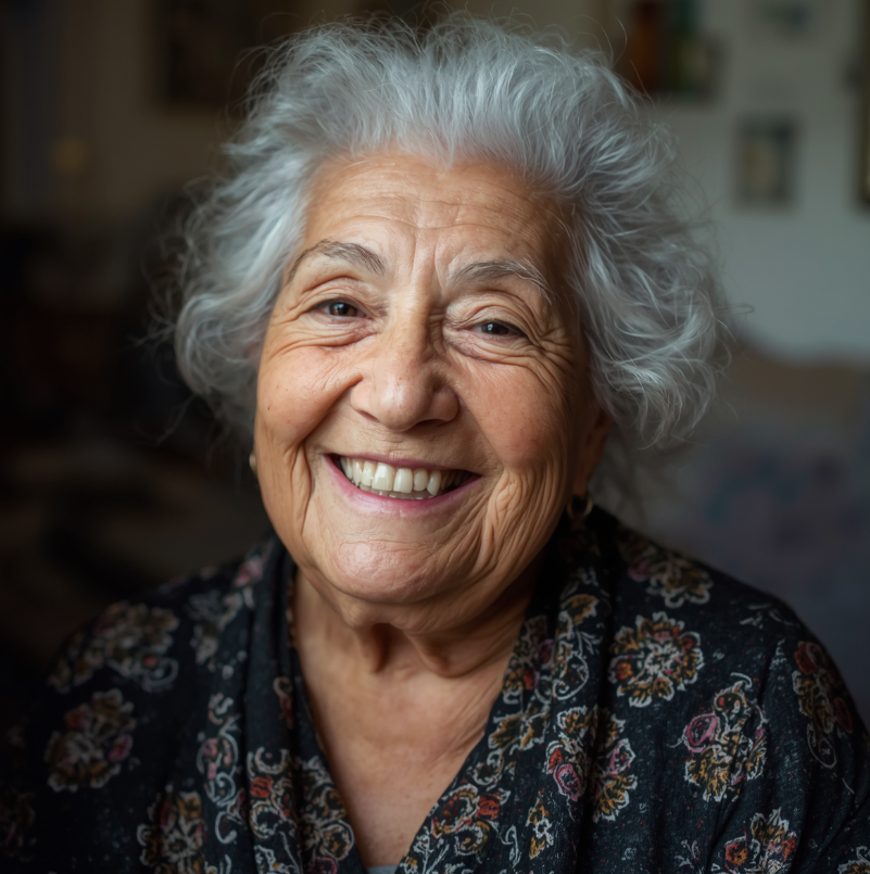 Close-up of an elderly woman smiling indoors, with white curly hair, wearing a dark floral blouse, and a blurred background.