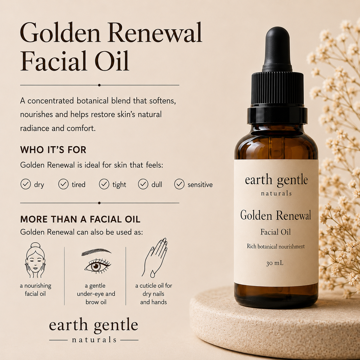 Golden Renewal Facial Oil plus multi use, under-eye, brows and cuticles care