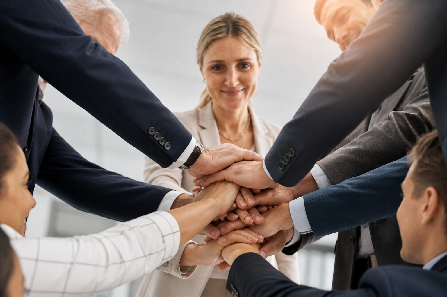 Geschäftsleute in Anzügen, die ihre Hände übereinanderschlagen in einem Team-Building-Moment.