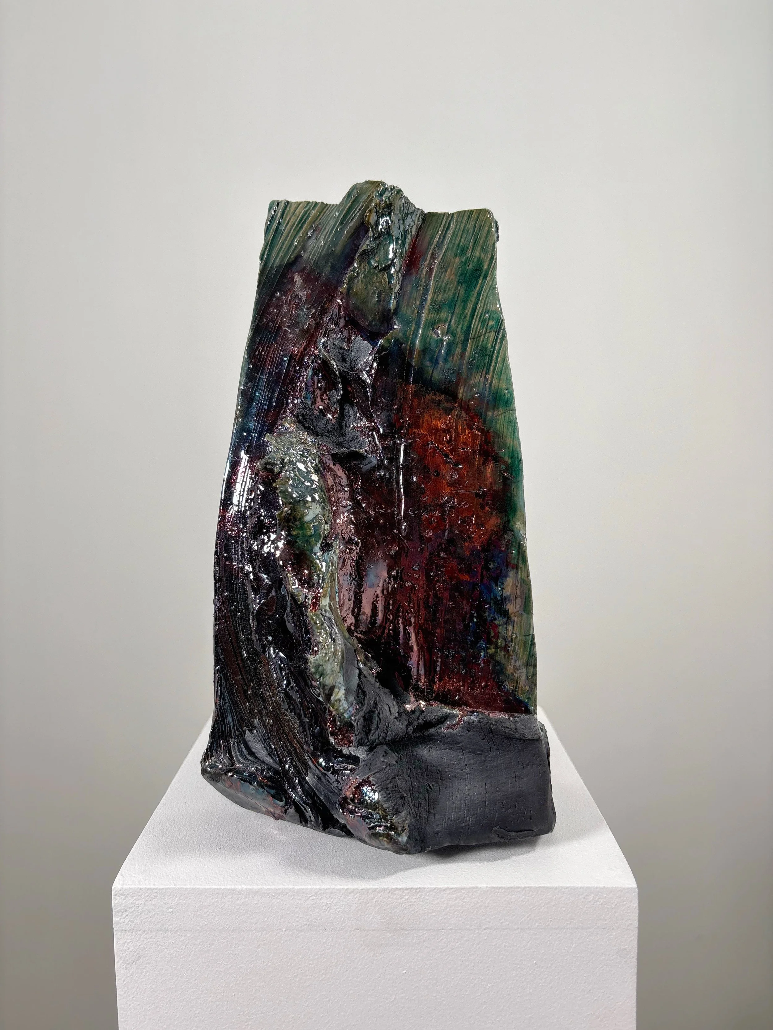 Raku Form No. 4, 2026 — hand-carved raku ceramic sculpture by Liz Wycherley, rainbow glaze side view