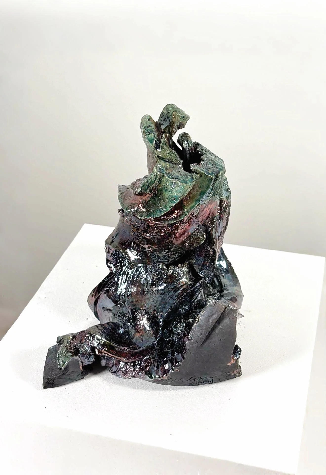 Raku Form No. 2, 2026 — hand-carved raku brutal ceramic sculpture by Liz Wycherley, three quarter view