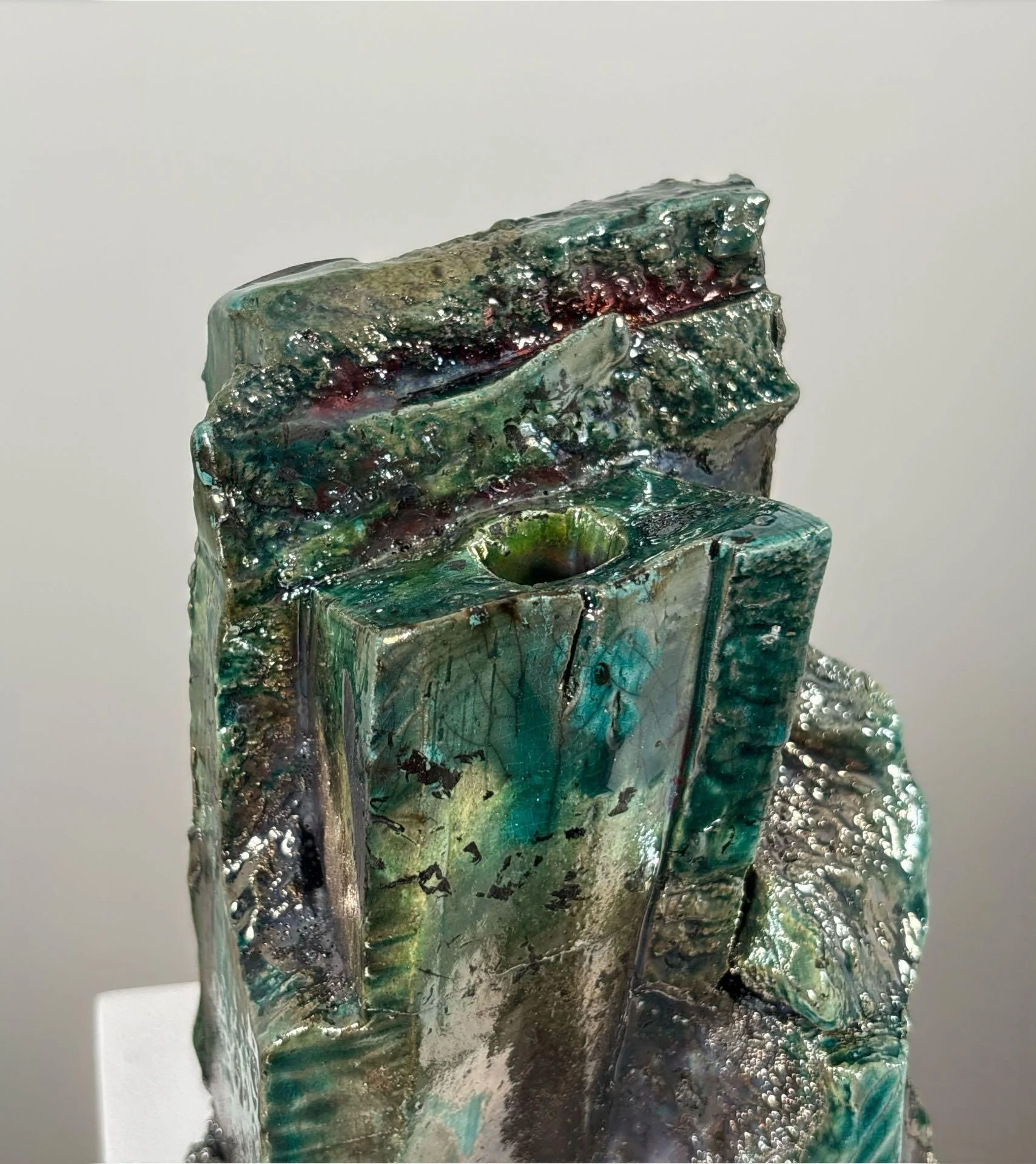 Raku Form No. 6, 2026 — hand-carved raku ceramic sculpture by Liz Wycherley, detail view