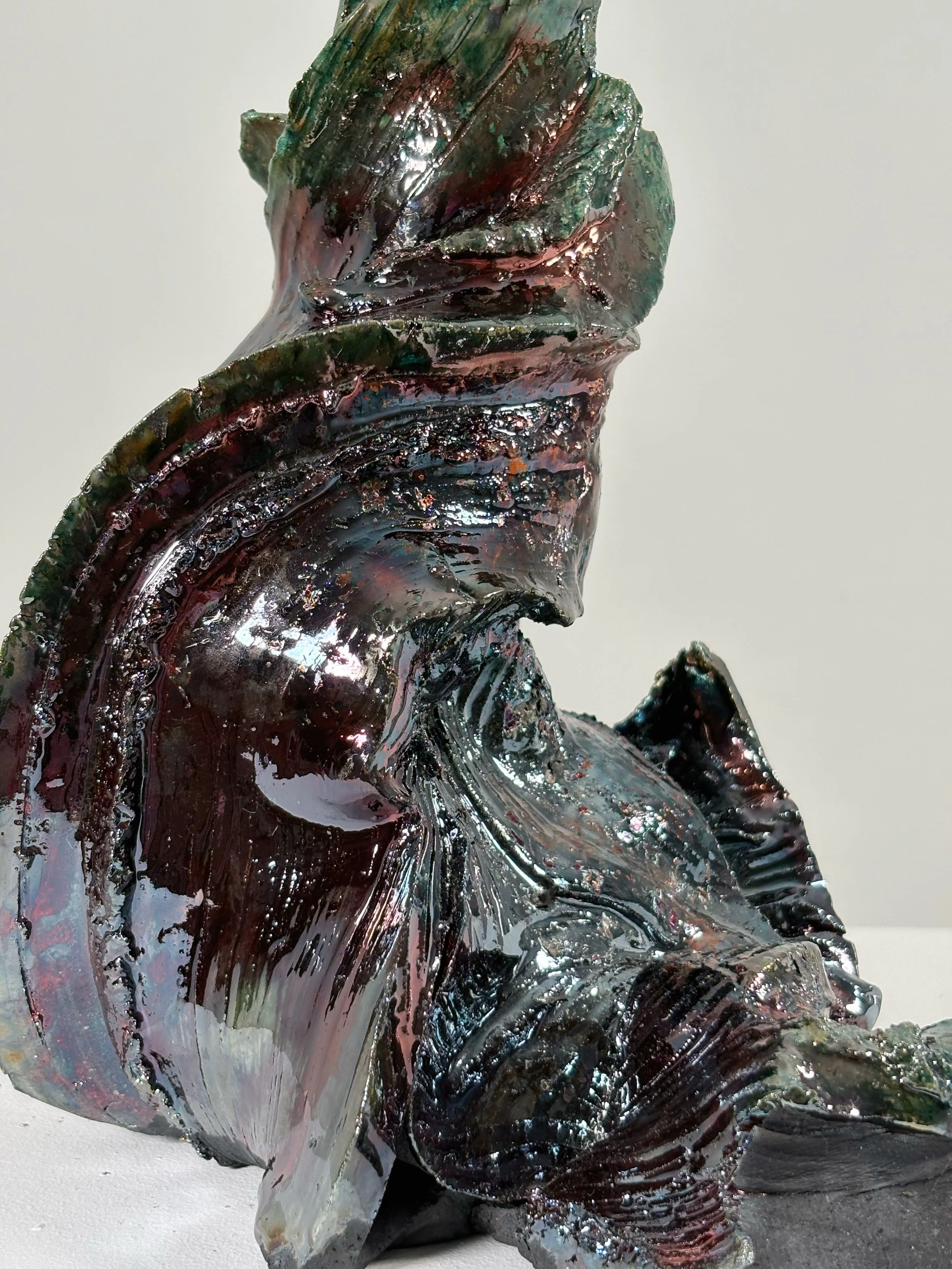 Detail of Raku Form No. 2, 2026 — obsidian black raku glaze with copper, Liz Wycherley