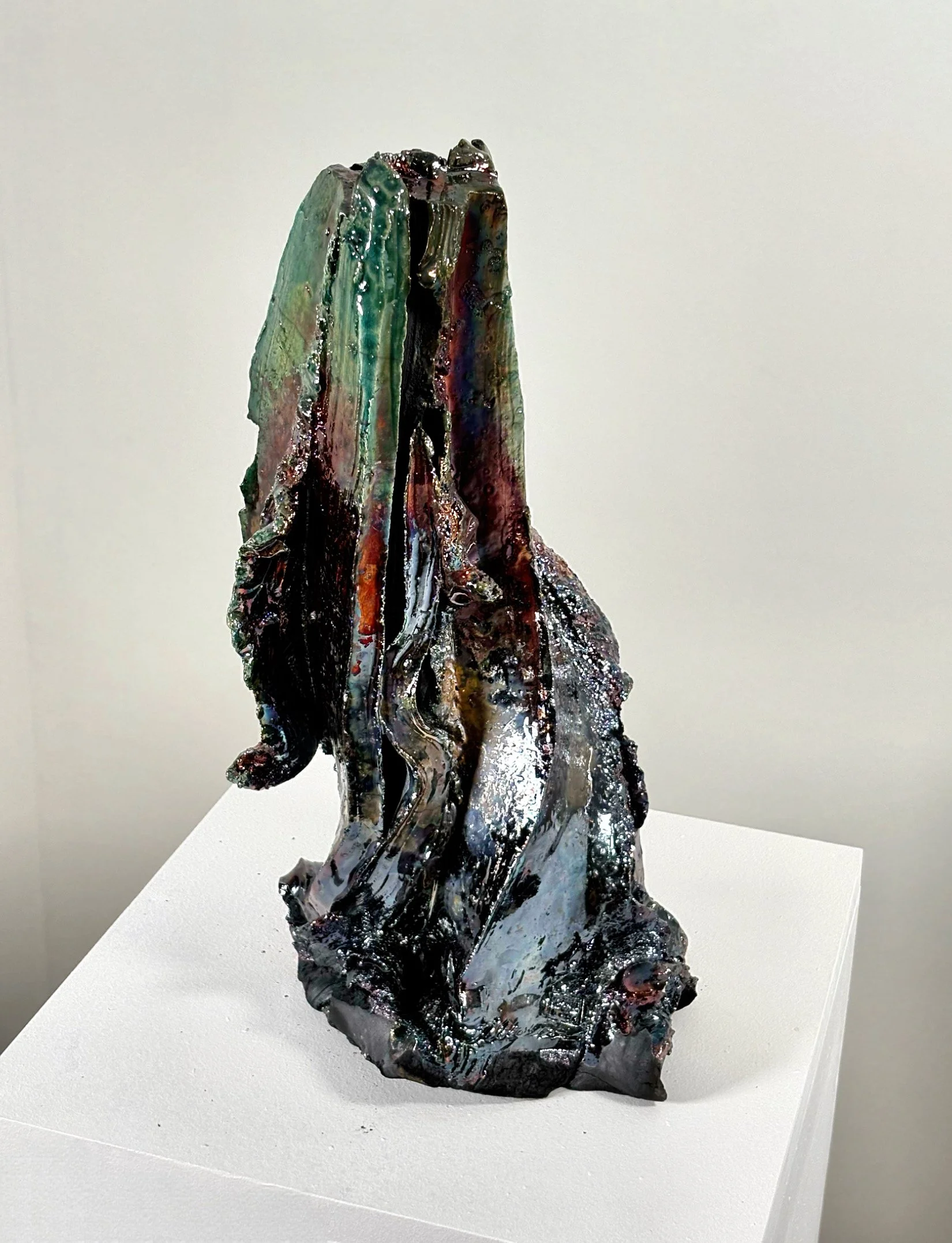 Detail of Raku Form No. 1, 2026 — raku glaze surface showing brutal torn form and sea greens, Liz Wycherley