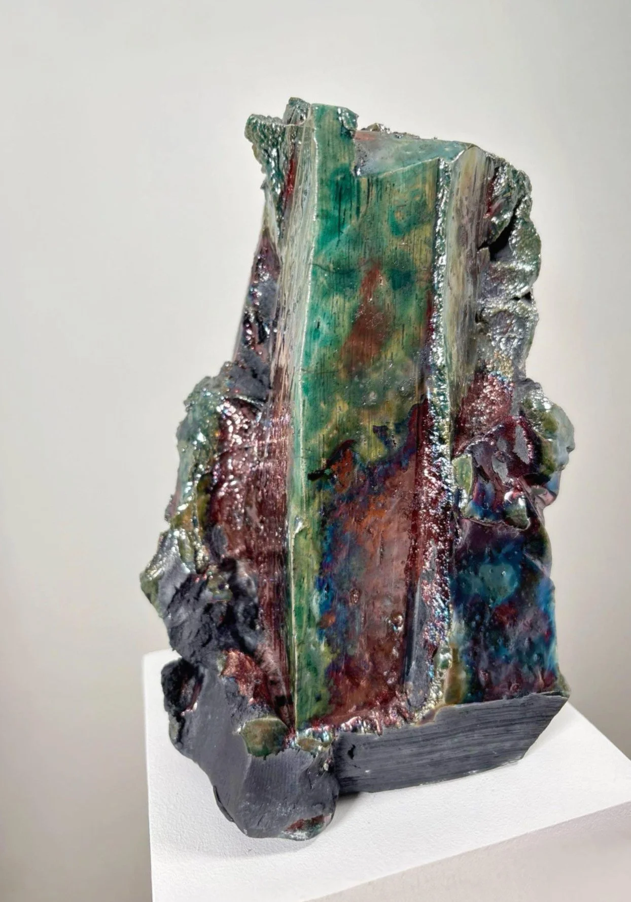 Detail of Raku Form No. 4, 2026 — metallic black purple and copper raku glaze, high gloss, Liz Wycherley