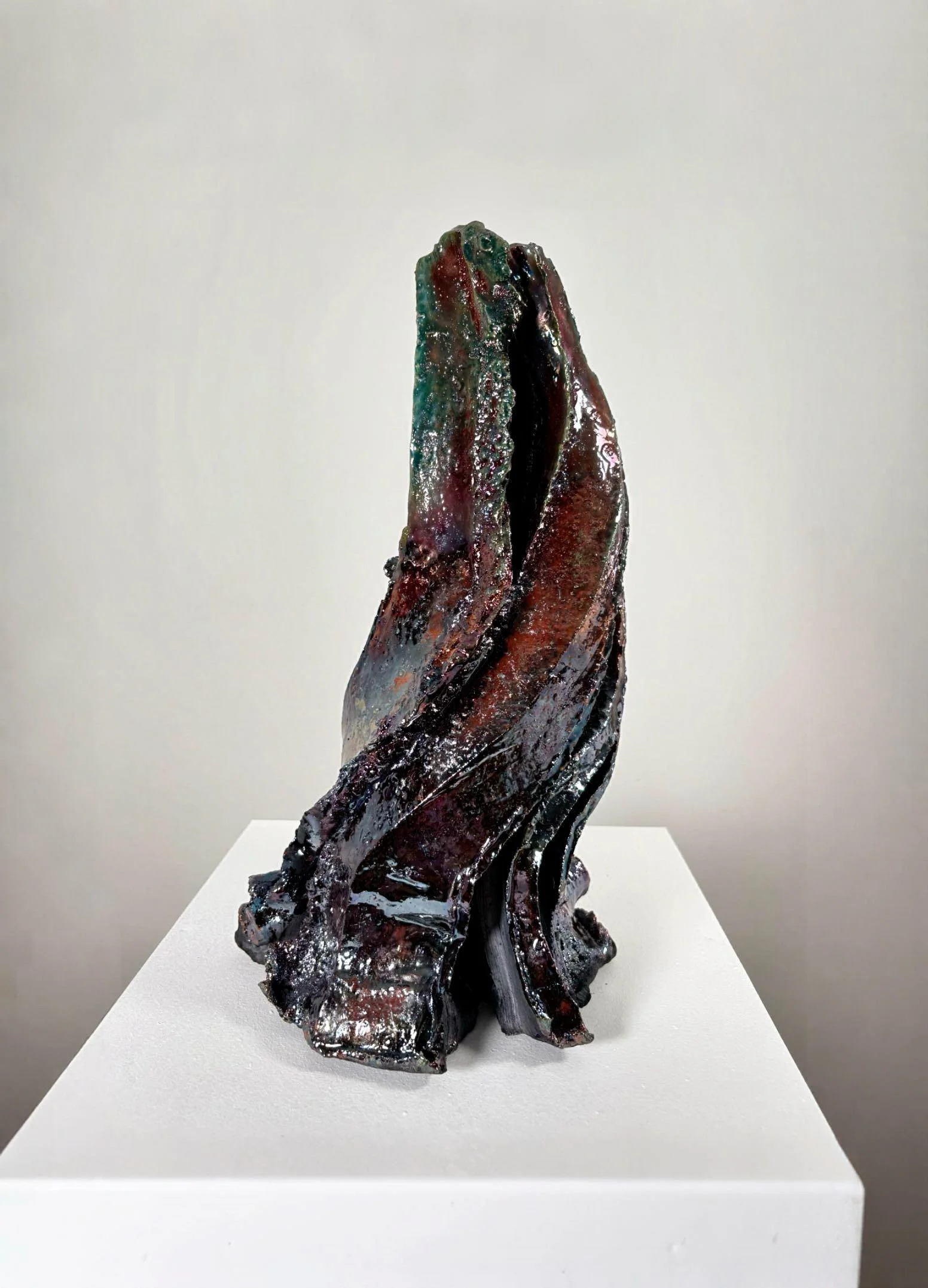 Alt text: Raku Form No. 1, 2026 — hand-carved raku ceramic sculpture by Liz Wycherley, three quarter view