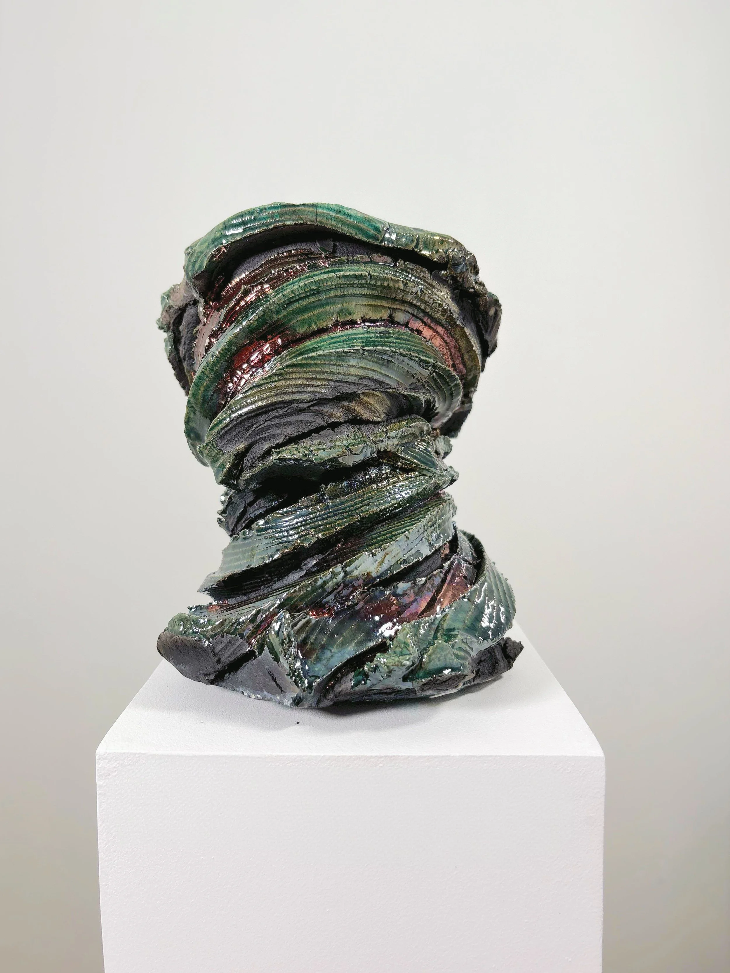 Detail of Raku Form No. 5, 2026 — iridescent blues blacks coppers and greens raku glaze, Liz Wycherley