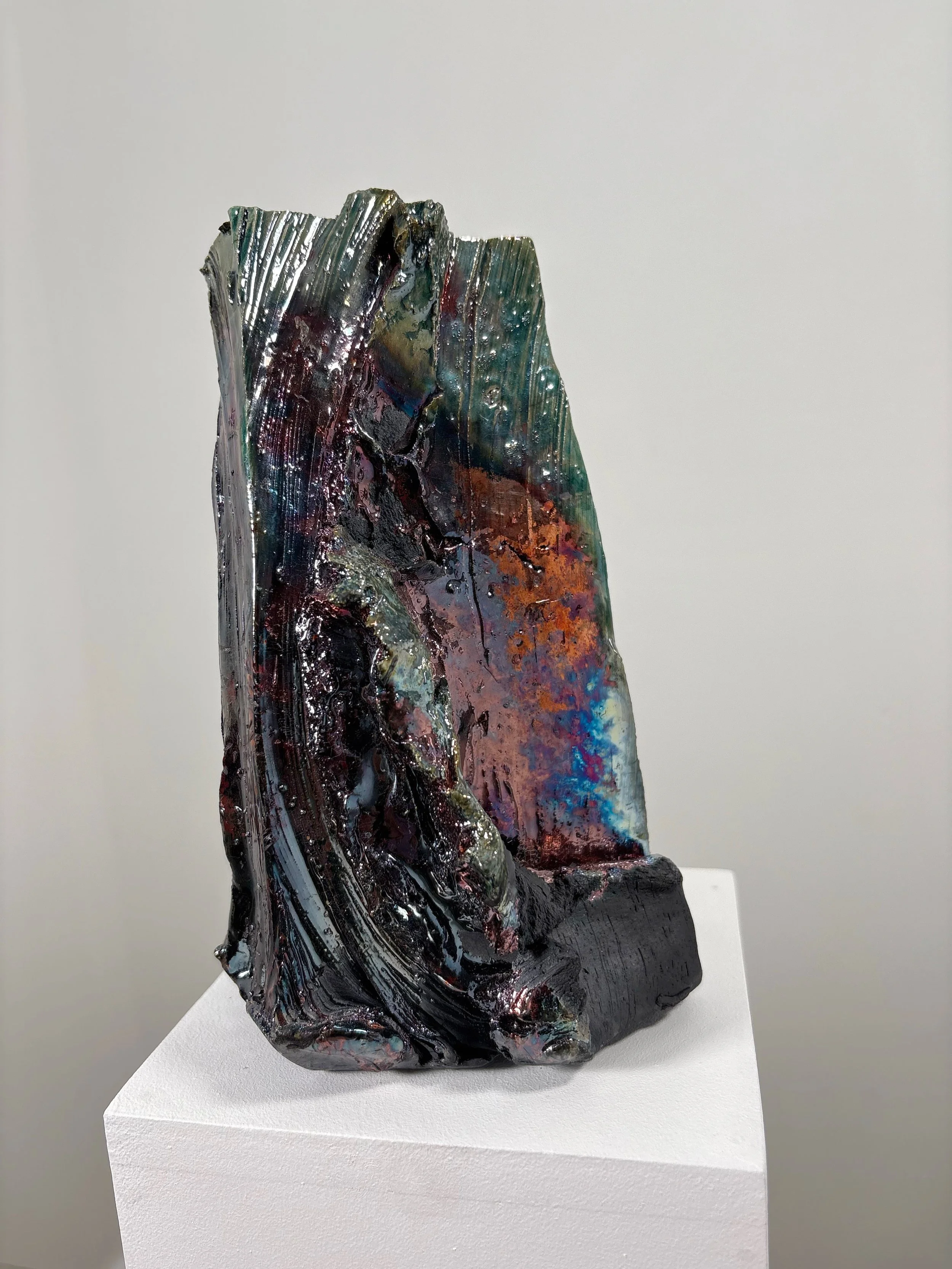 Raku Form No. 4, 2026 — hand-carved raku ceramic sculpture by Liz Wycherley, rainbow glaze back view