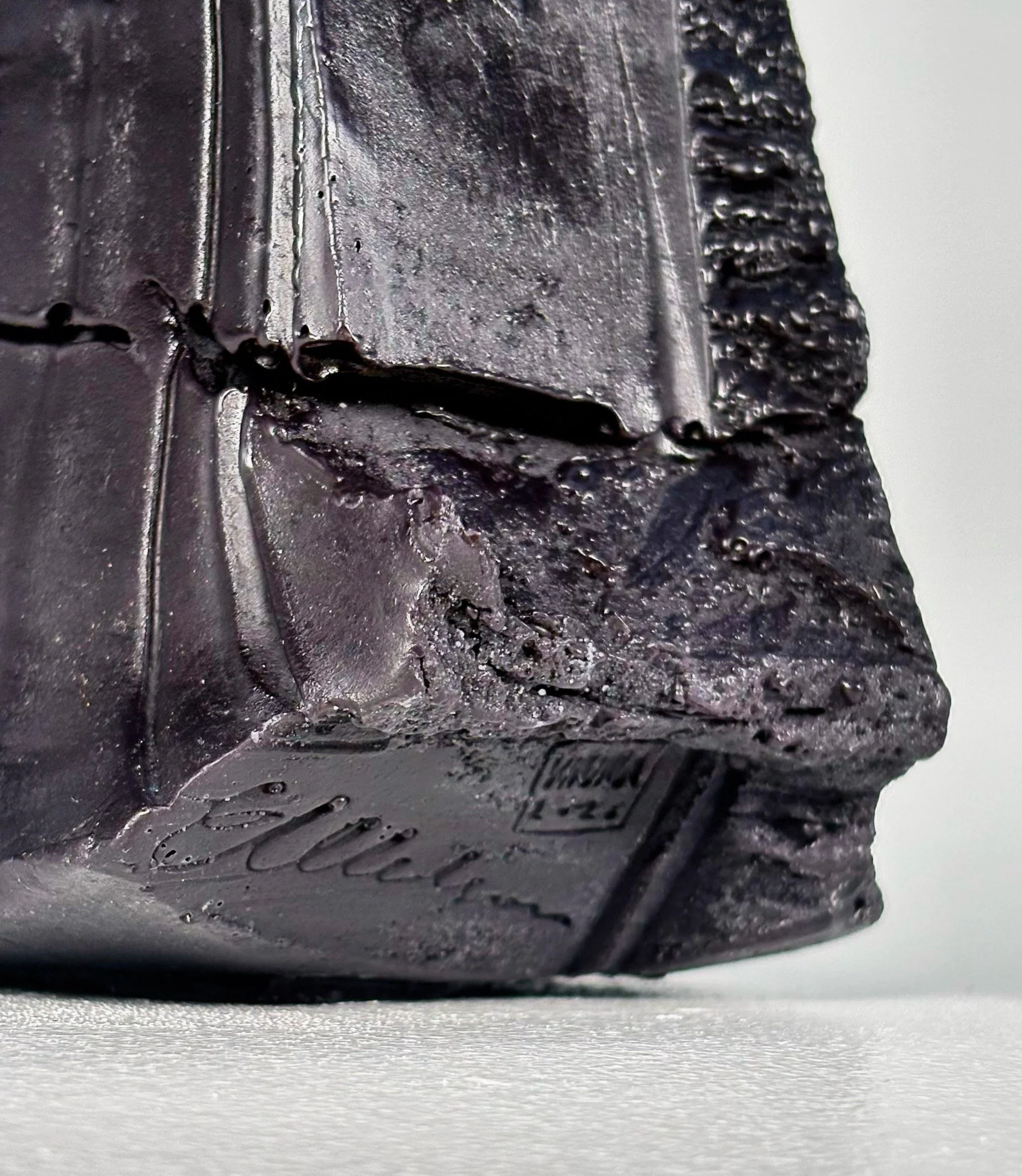 Alt text: Detail of Cast Wax Candle No. 1, 2026 — fissured wax surface cast from a hand-carved ceramic form, Liz Wycherley