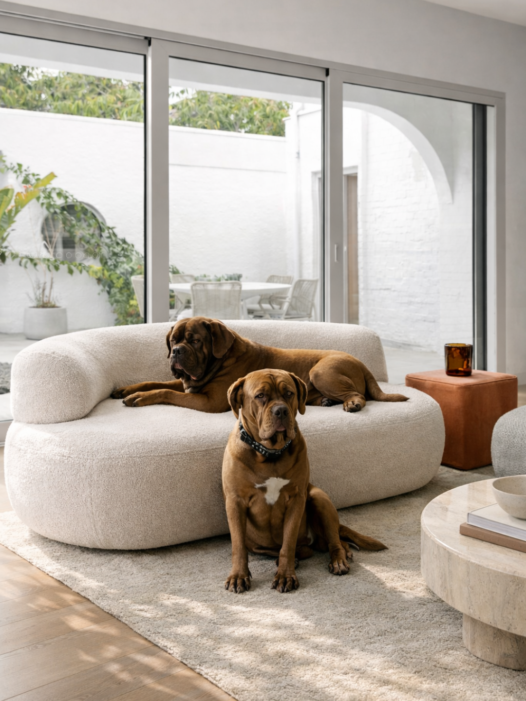 Two dogs sitting and lying on a modern white sofa in a living room with large glass sliding doors opening to an outdoor patio with garden furniture and greenery.