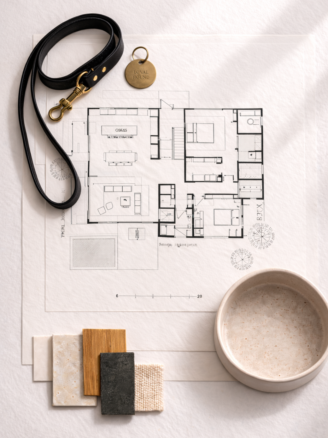 Architectural house floor plan, black leather dog collar with gold clasp, gold round dog tag with 'LOYAL HOUND' engraved, small beige bowl, and colored sample tiles on white surface.