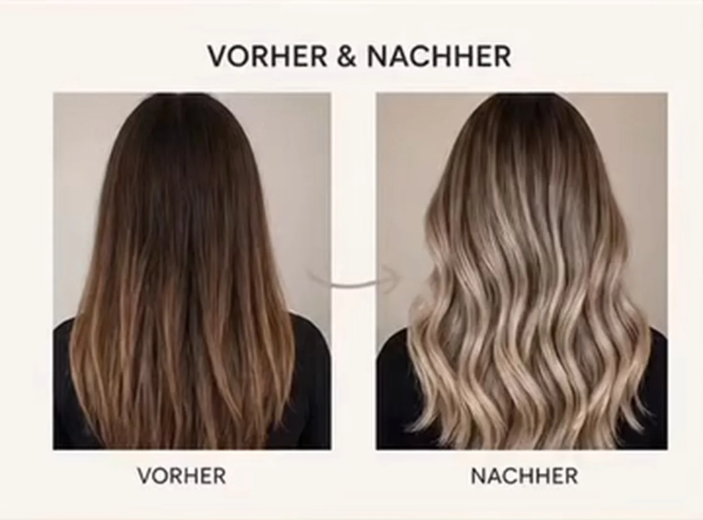 Vorher-Nachher-Vergleich eines Haarschnitts: links ein ungeschnittenes, braunes, glattes Haar; rechts das gleiche Haar nach einer professionellen Schnitt- und Farbveränderung mit lockigem, blondem Stil.