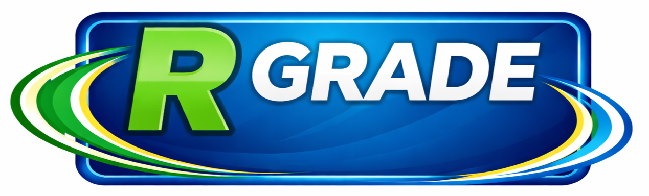 Colorful graphic with the words 'R GRADE' in bold, with green and white letters, and curved lines in green, yellow, blue, and white surrounding the text on a blue background.