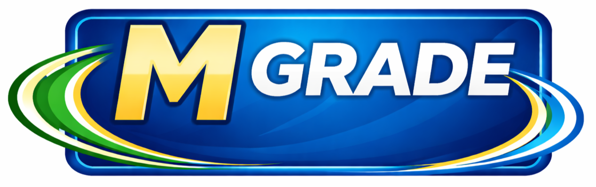 Colorful logo with the text 'M GRADE' in bold yellow and white letters on a blue background with green and yellow swoosh design elements.