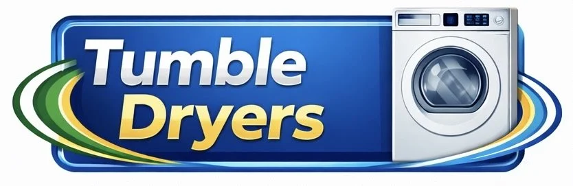 Logo for Tumble Dryers featuring a washing machine on a blue background with green, yellow, and blue swooshes.