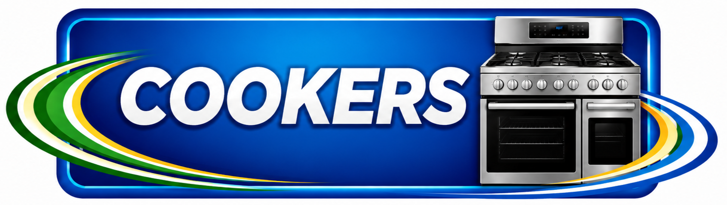 Logo for Cookers with text and an image of a stainless steel oven with four burners.