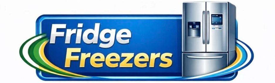 Logo for Fridge Freezers featuring an illustration of a stainless steel double-door refrigerator with a water dispenser.