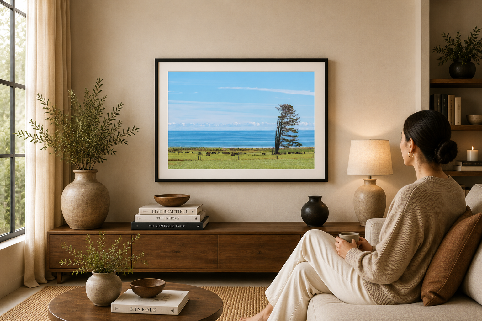 Wind-shaped coastal trees overlooking farmland and ocean views.