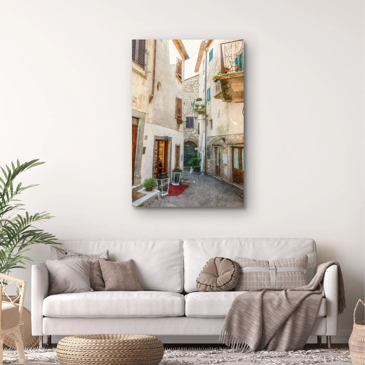 Narrow Italian laneway with stone walls and shutters.