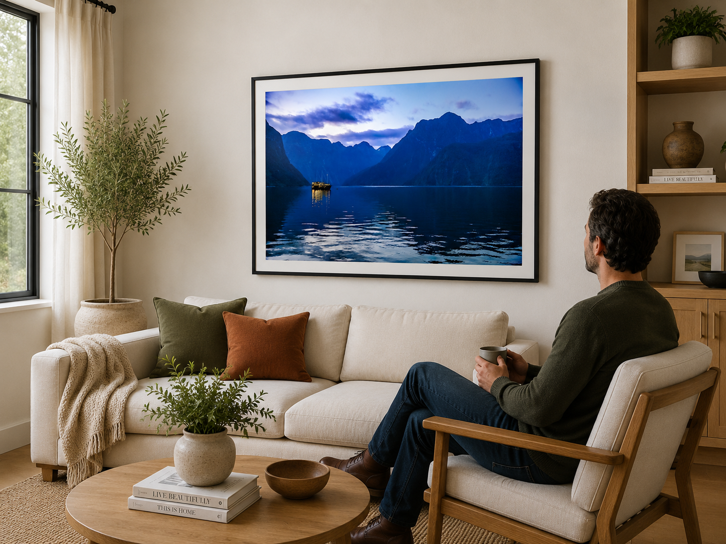 Boat illuminated on Milford Sound during blue hour.