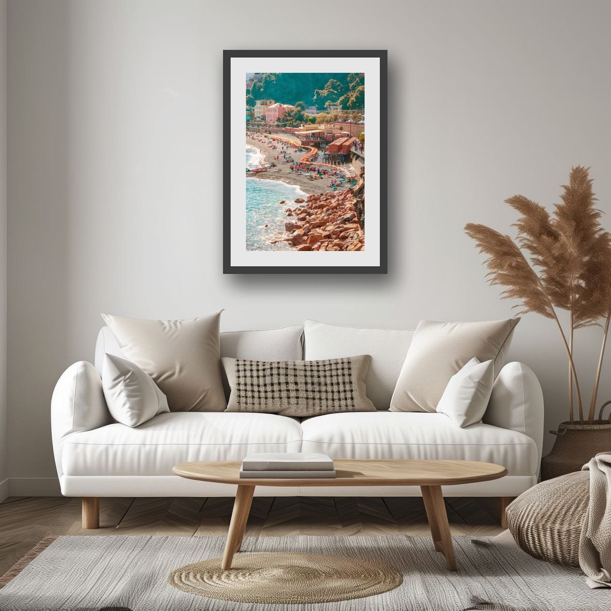 Italian beach scene with umbrellas, people and coastal buildings.