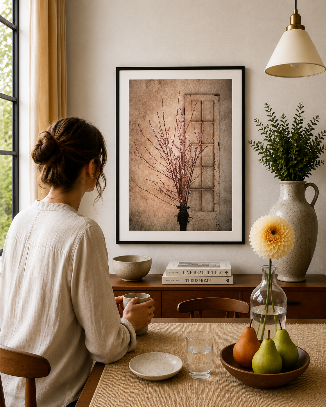 Pink blossom arrangement beside a vintage window.
