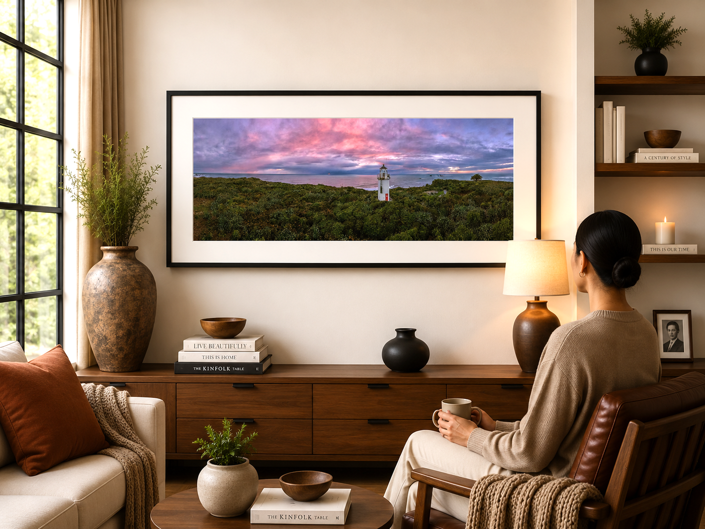 Panoramic view of a historic lighthouse surrounded by native bush at sunset.