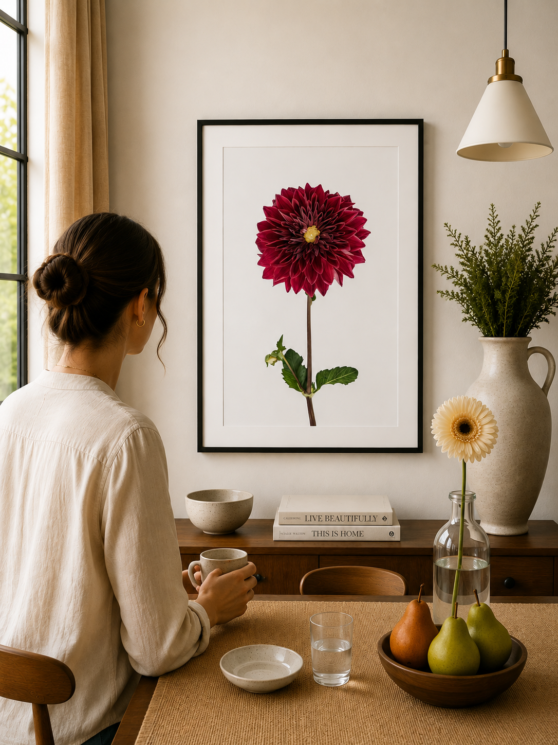 Ruby red dahlia flower isolated against a pale background.