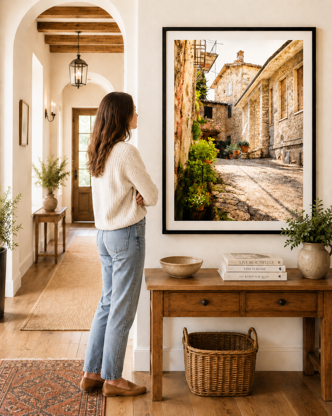 Narrow Tuscan laneway lined with flowers, stone walls and historic buildings.