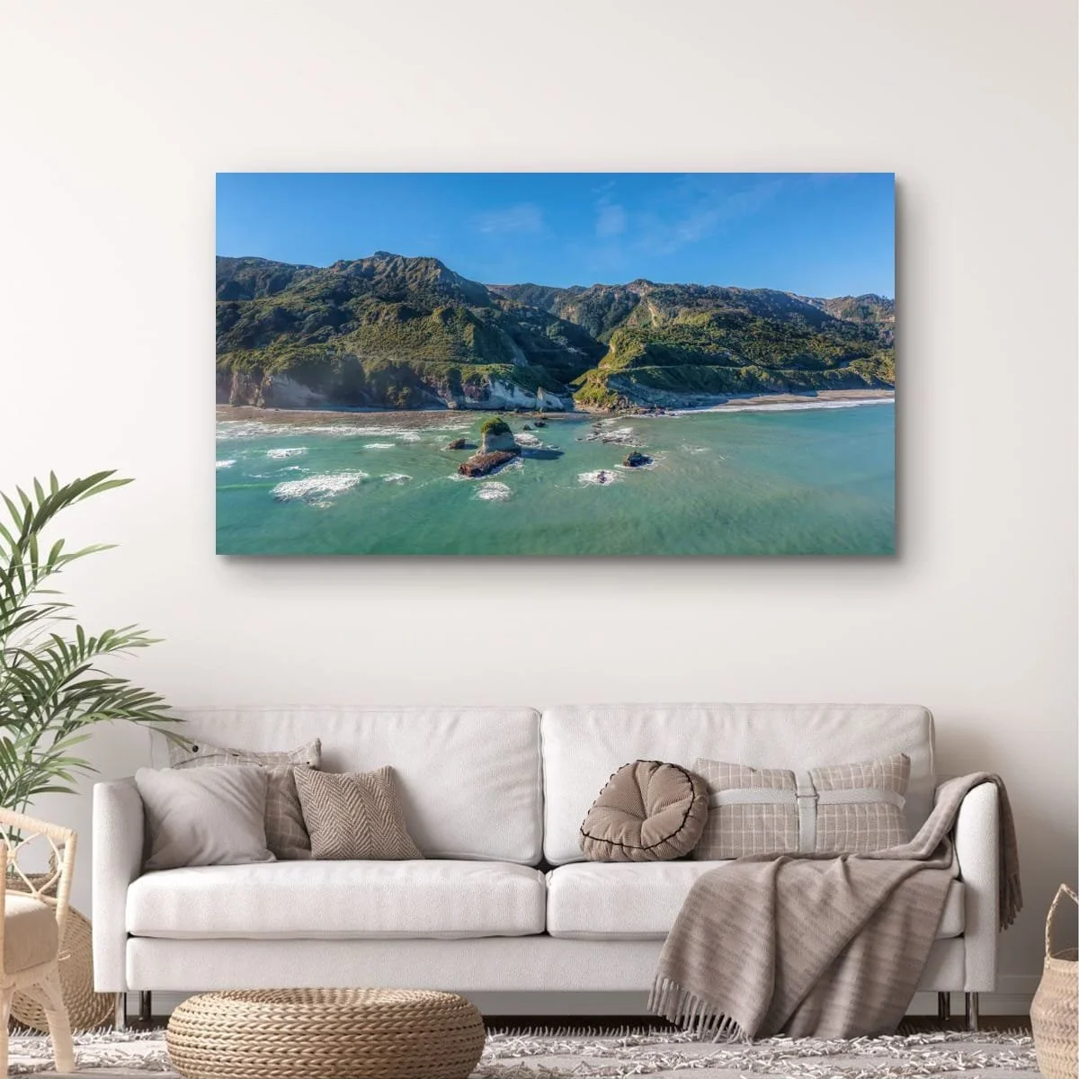 Aerial view of West Coast cliffs and sea stacks.