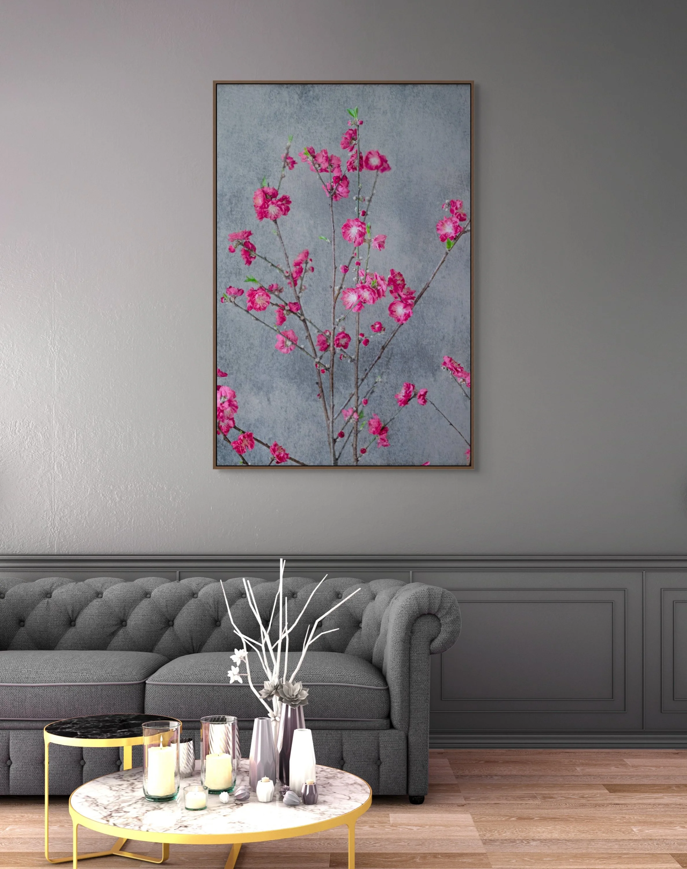 Painterly floral fine art photograph of vibrant pink blossoms scatter along delicate branches, standing out beautifully against a soft textured backdrop, by From The Field.